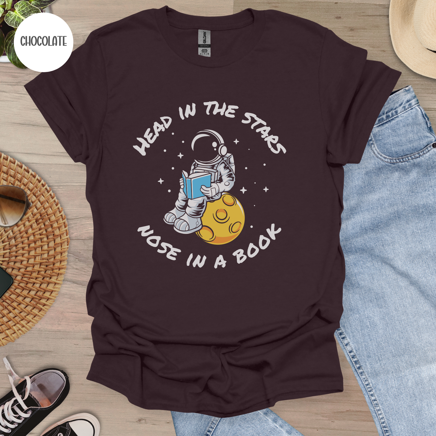 Head in the Stars Astronaut Book T-Shirt-Stripeypeach