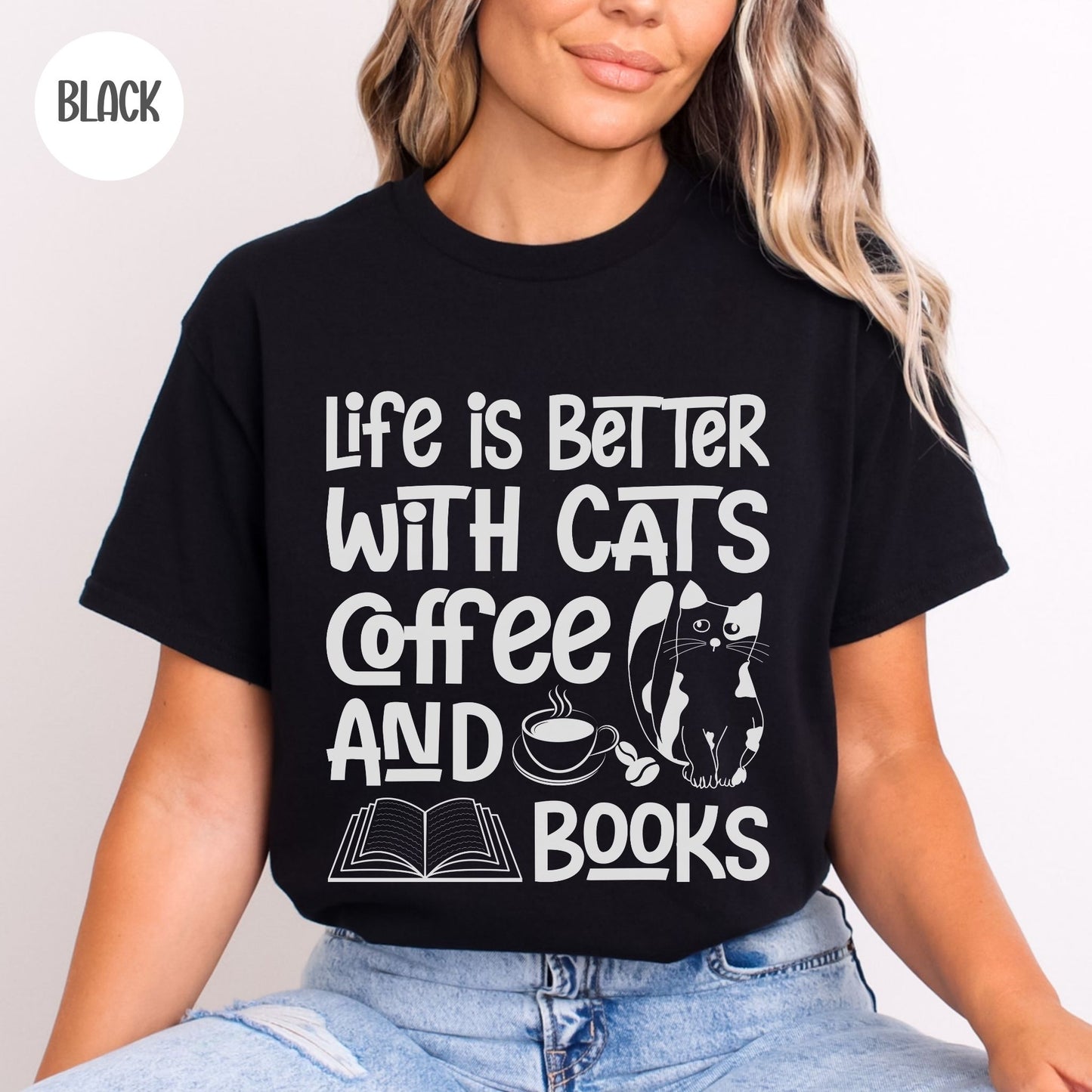 Life is Better with Cats Coffee & Books T-Shirt-Stripeypeach