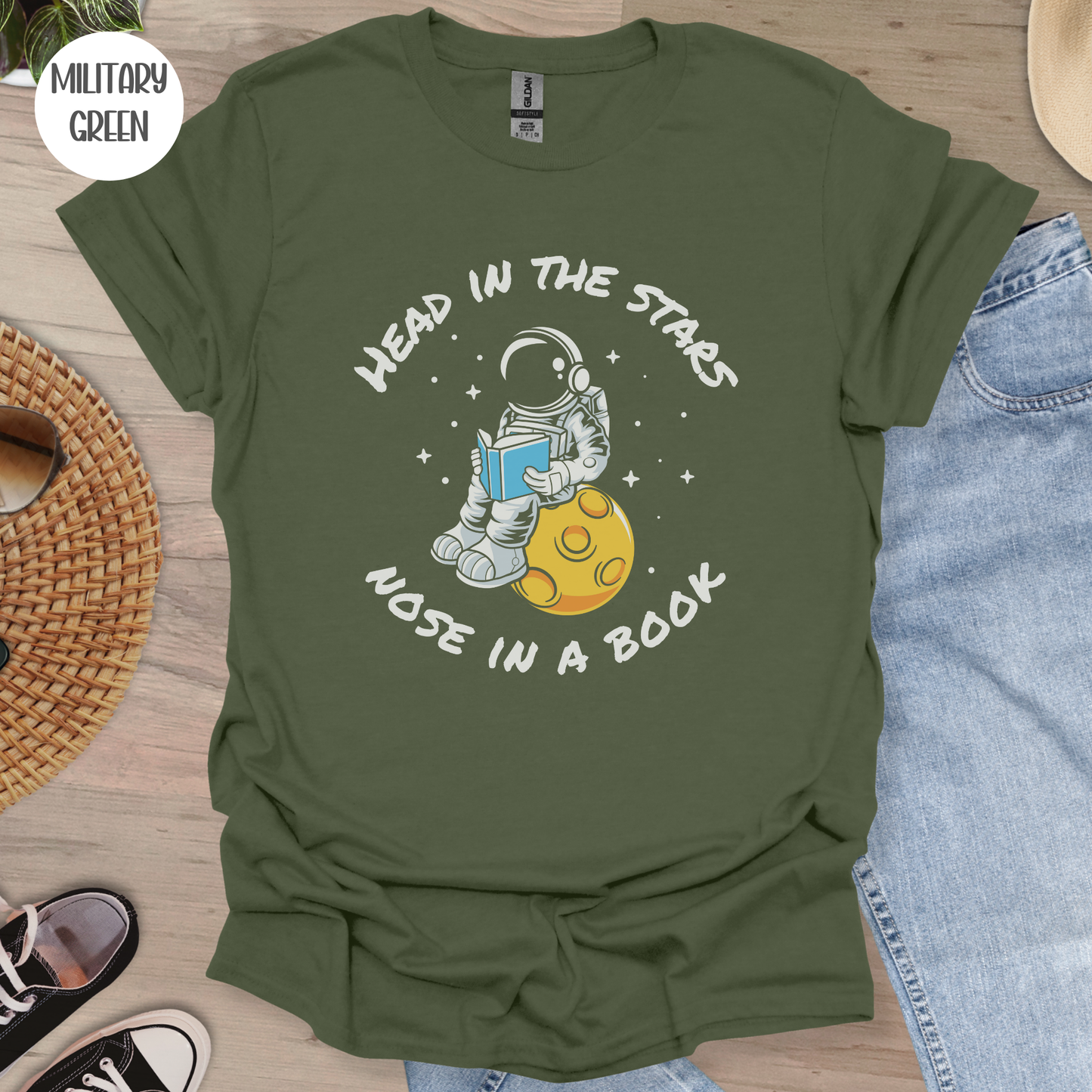 Head in the Stars Astronaut Book T-Shirt-Stripeypeach