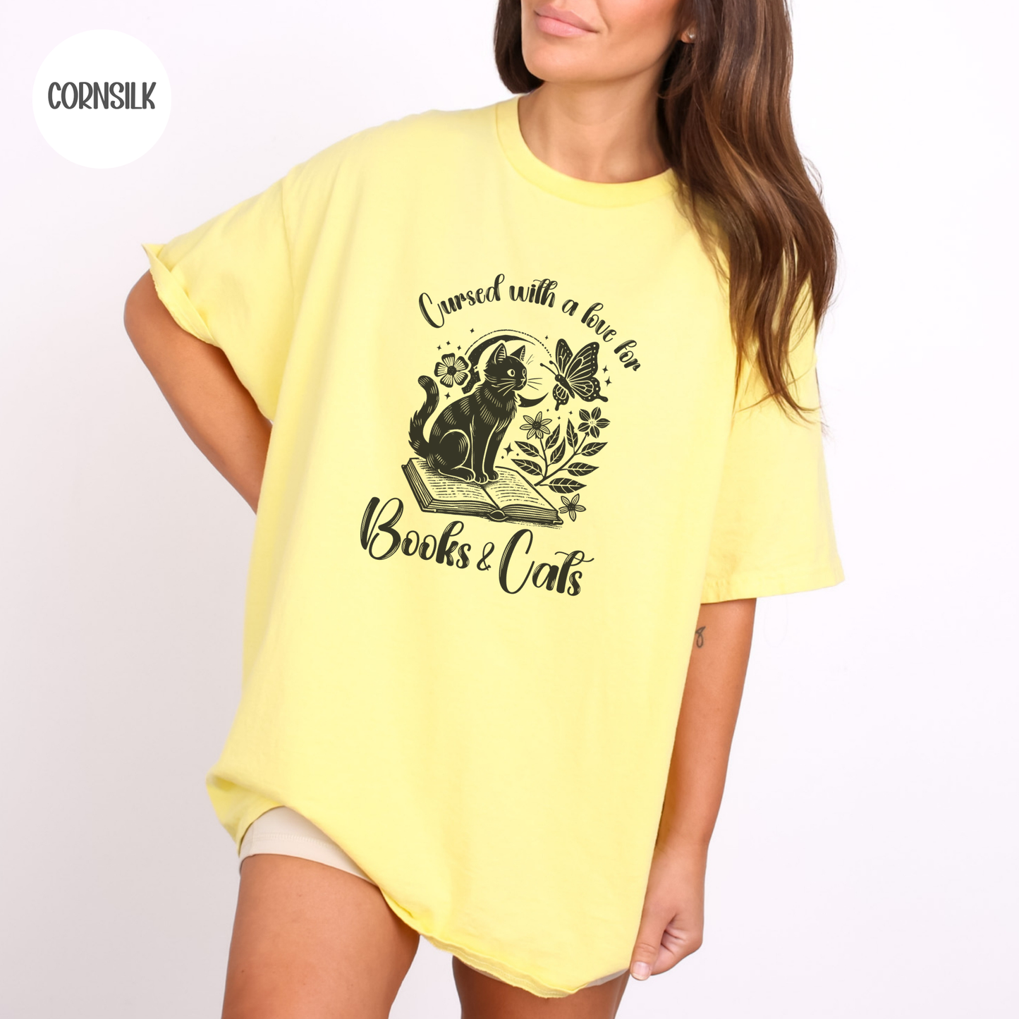 Cursed with a Love for Books & Cats T-Shirt-Stripeypeach
