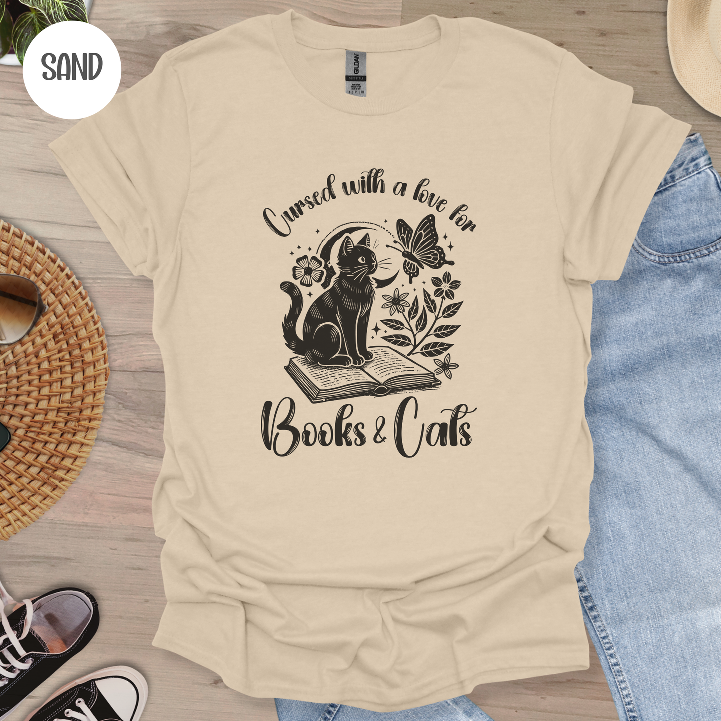 Cursed with a Love for Books & Cats T-Shirt-Stripeypeach