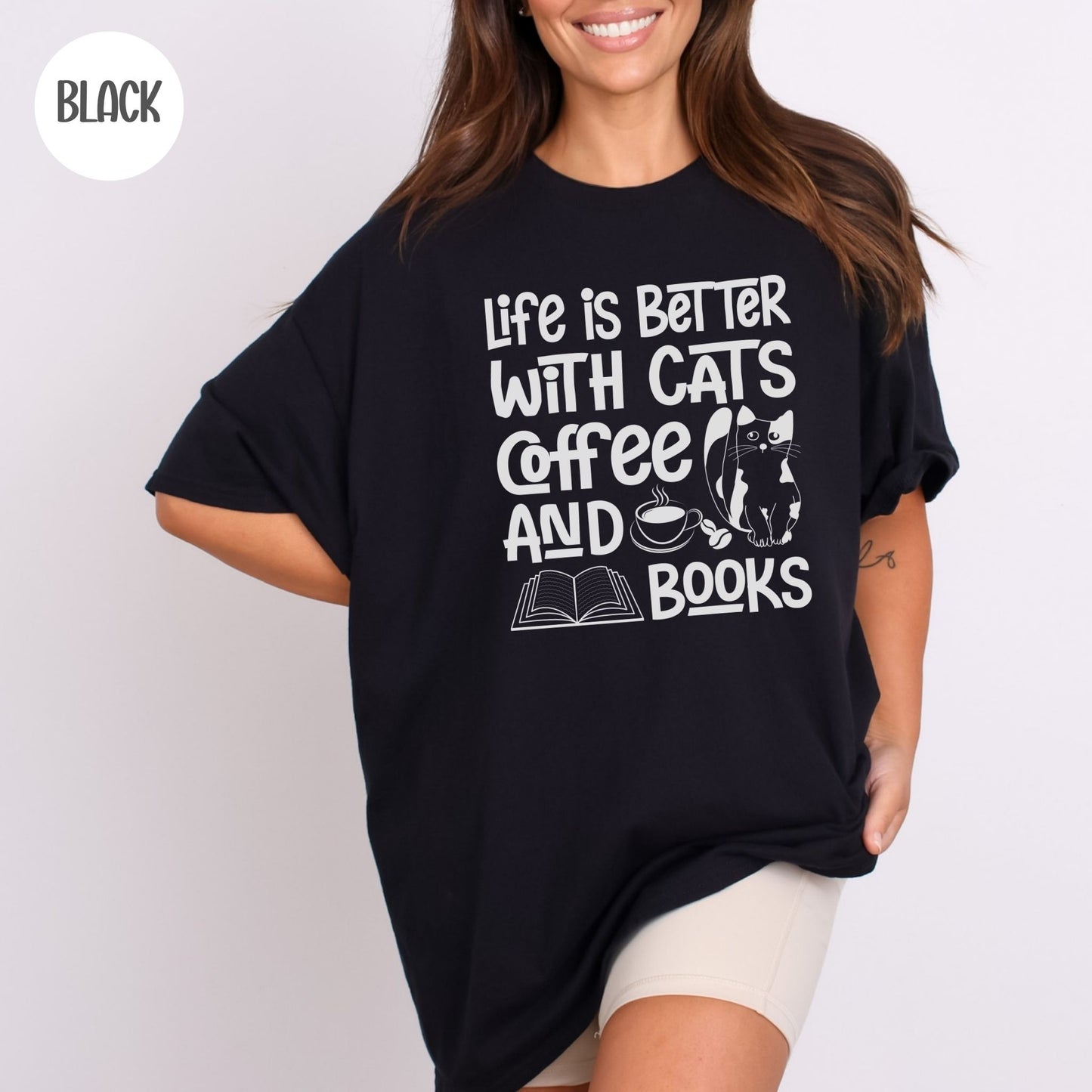 Life is Better with Cats Coffee & Books T-Shirt-Stripeypeach