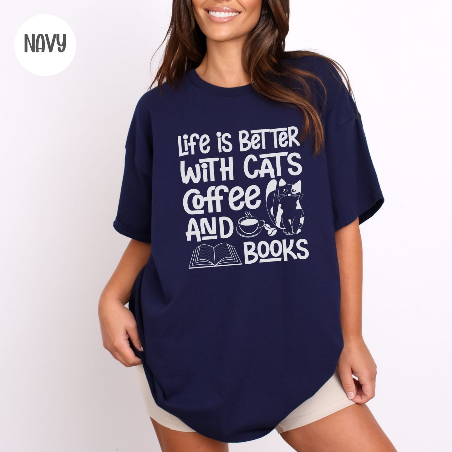 Life is Better with Cats Coffee & Books T-Shirt-Stripeypeach