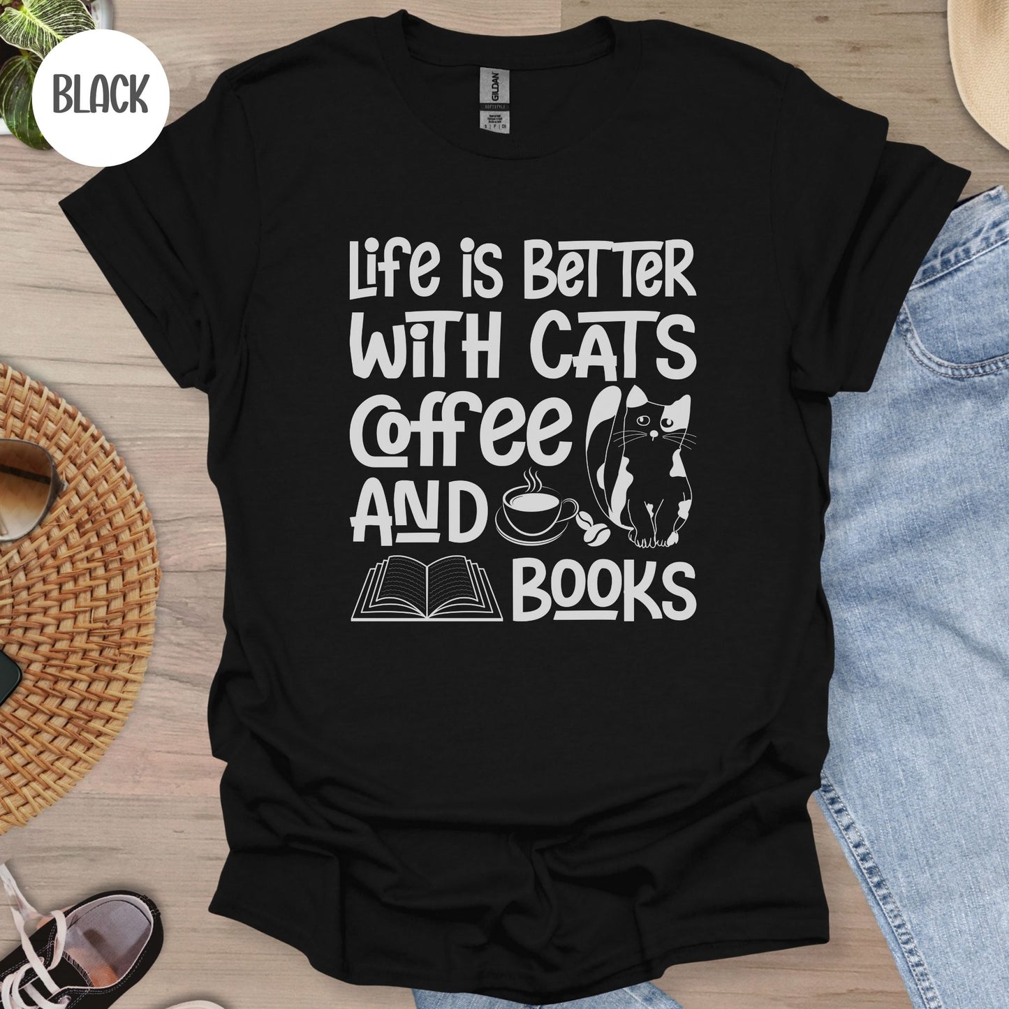 Life is Better with Cats Coffee & Books T-Shirt-Stripeypeach