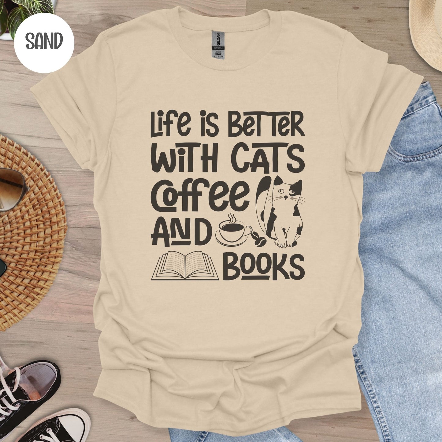 Life is Better with Cats Coffee & Books T-Shirt-Stripeypeach