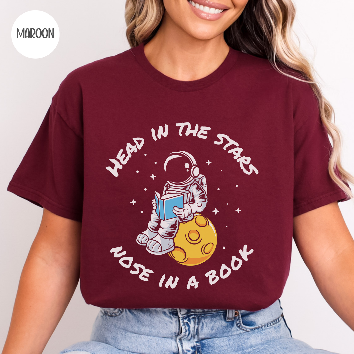 Head in the Stars Astronaut Book T-Shirt-Stripeypeach