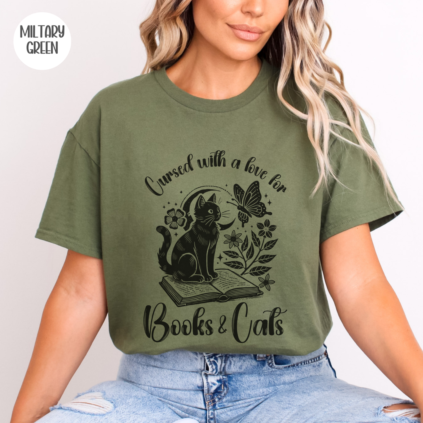 Cursed with a Love for Books & Cats T-Shirt-Stripeypeach
