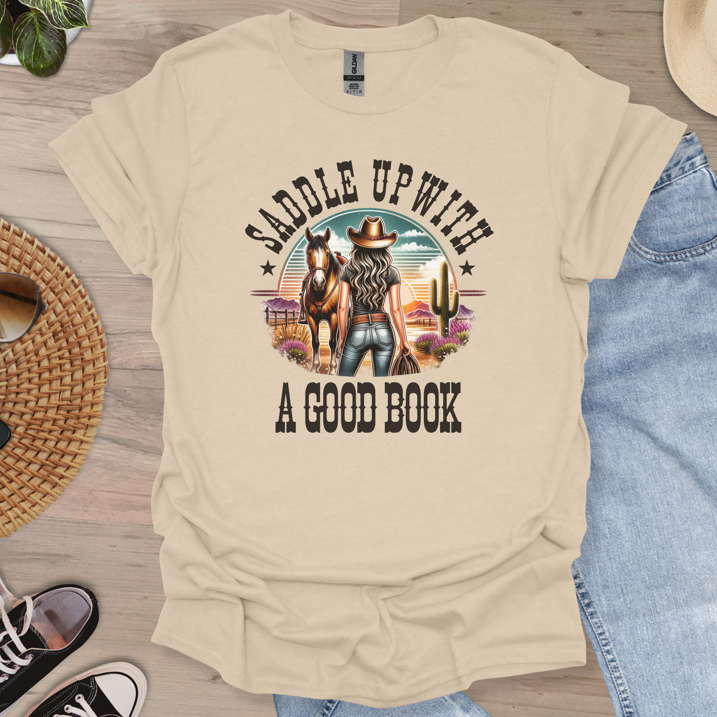 Saddle Up with a Good Book Western Design T-Shirt-Stripeypeach
