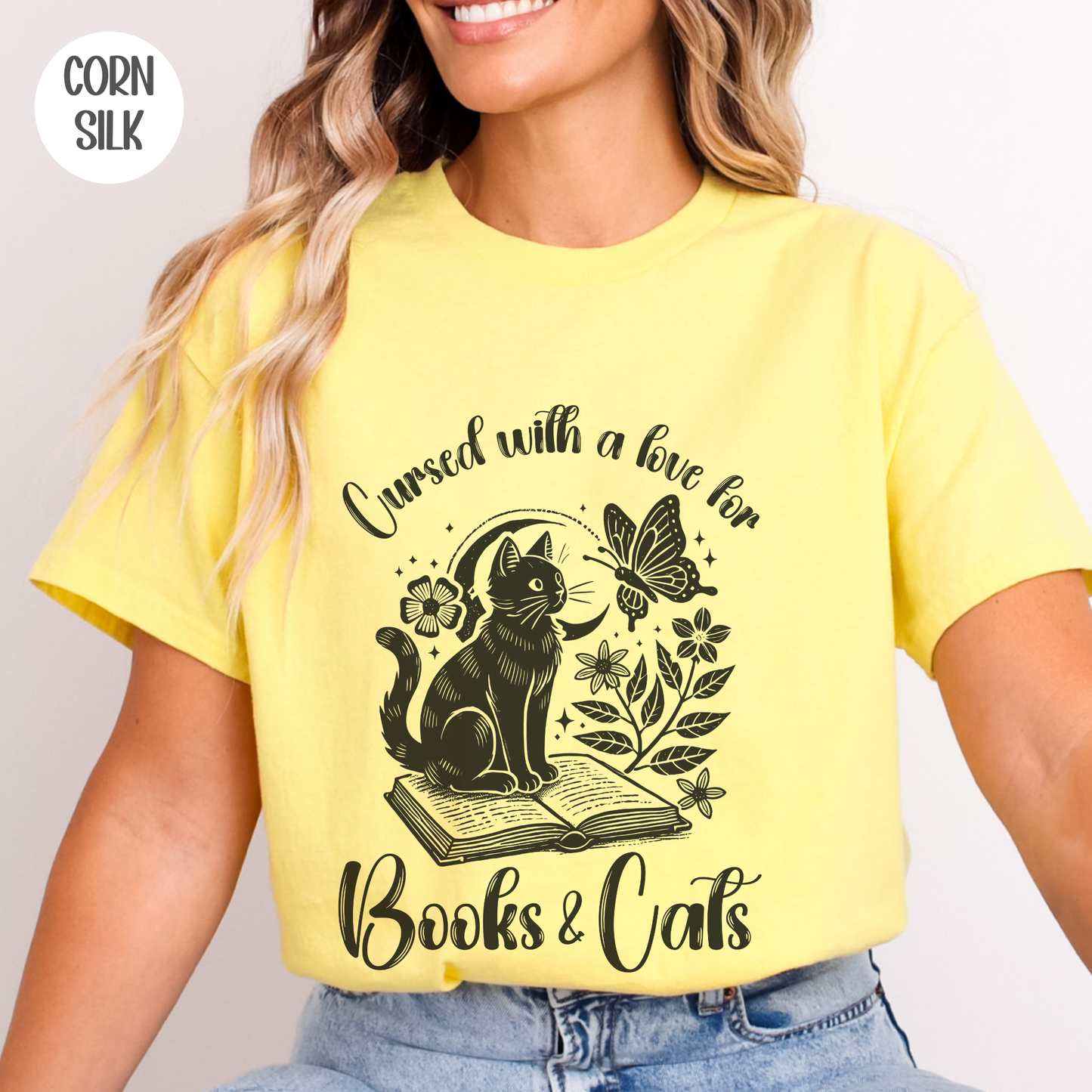 Cursed with a Love for Books & Cats T-Shirt-Stripeypeach