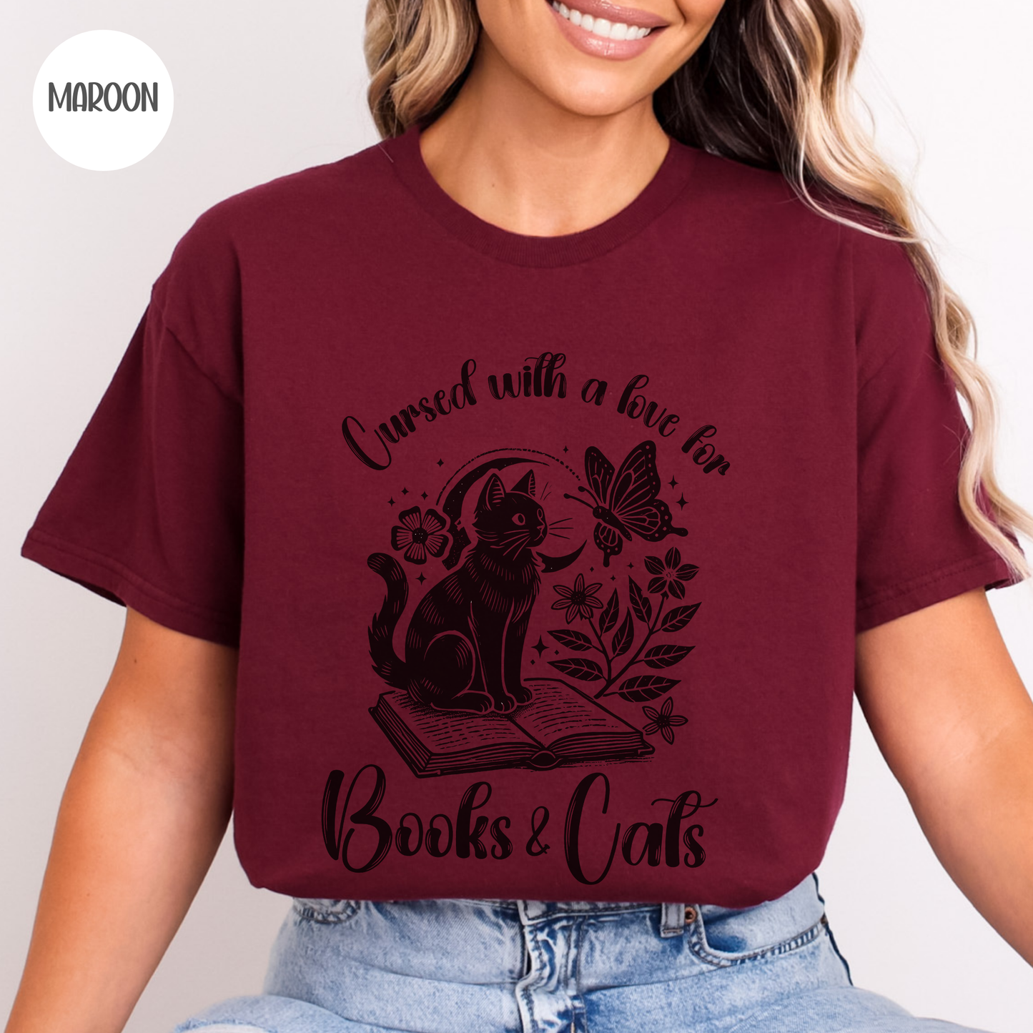 Cursed with a Love for Books & Cats T-Shirt-Stripeypeach