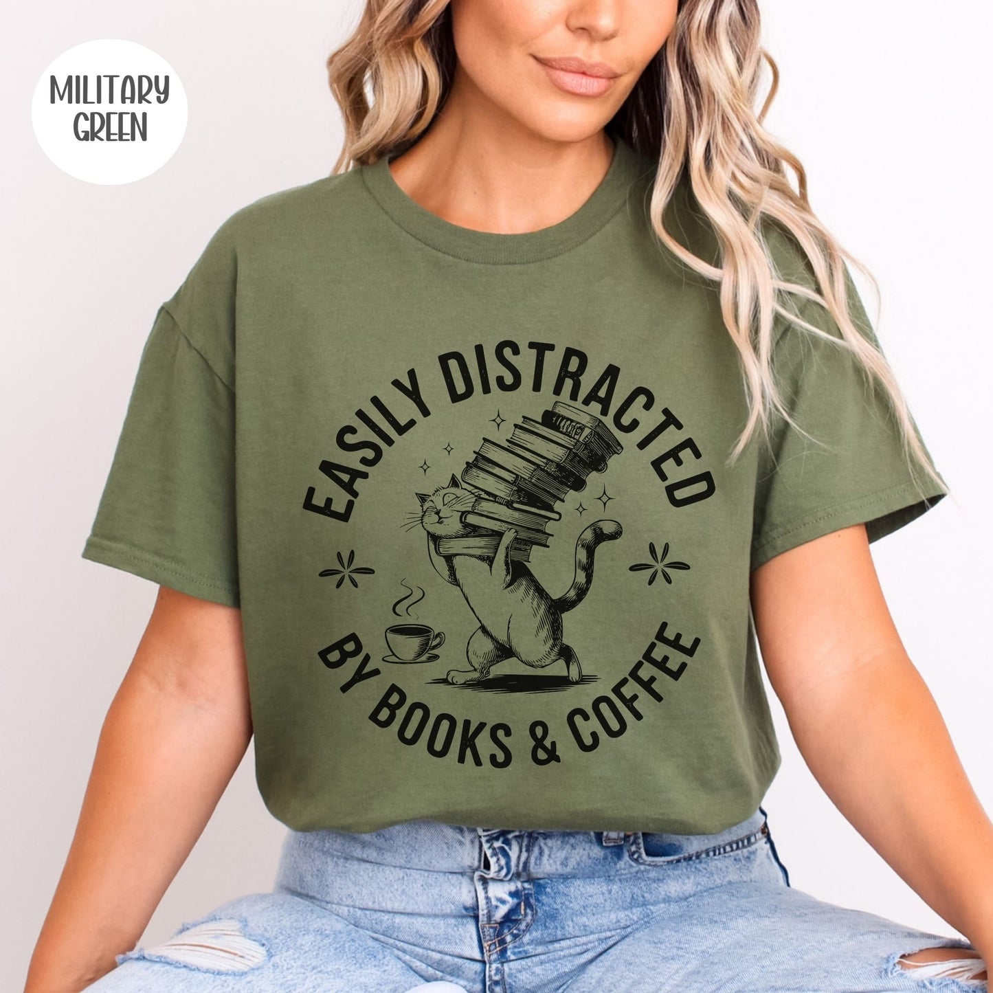 Easily Distracted by Books & Coffee T-Shirt-Stripeypeach