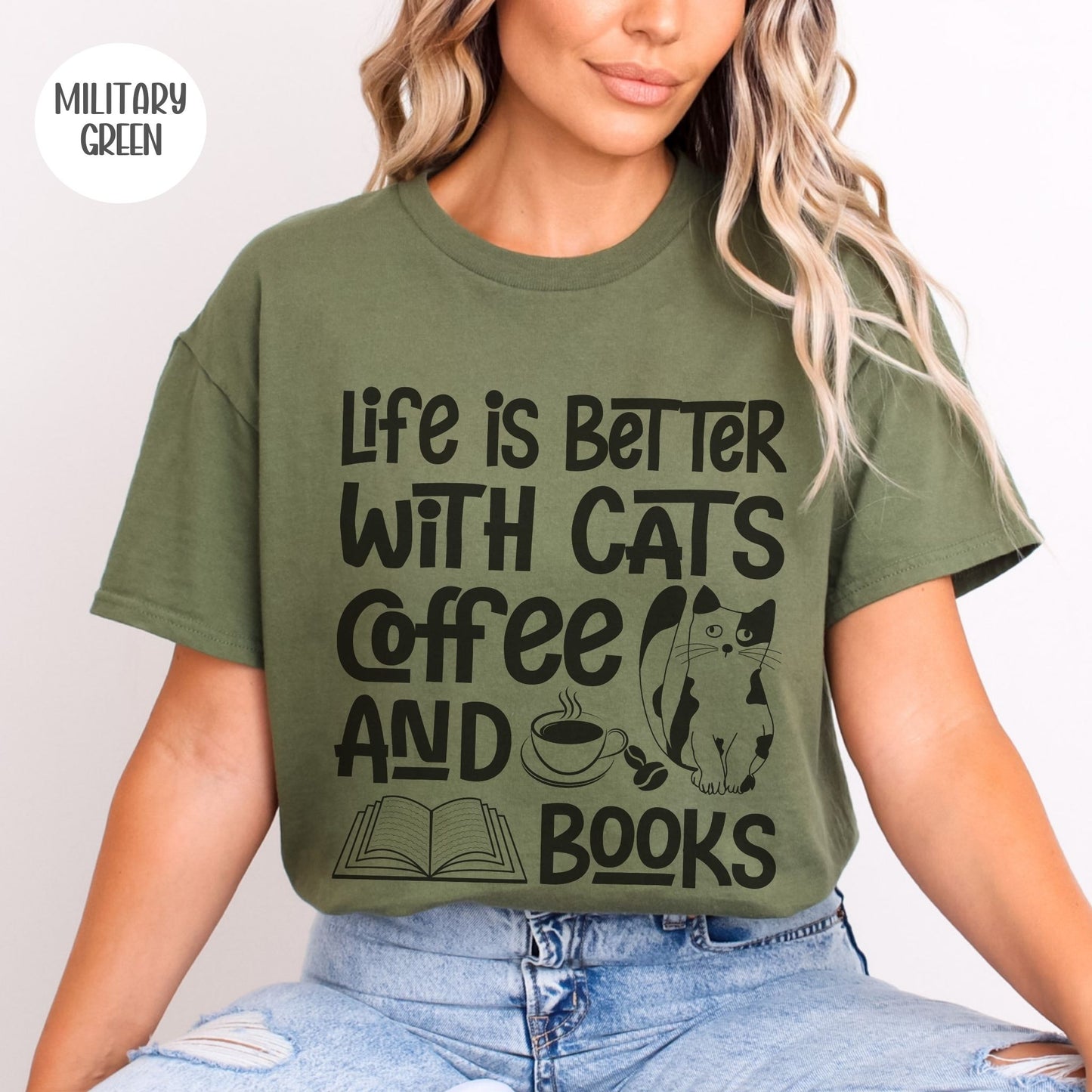 Life is Better with Cats Coffee & Books T-Shirt-Stripeypeach