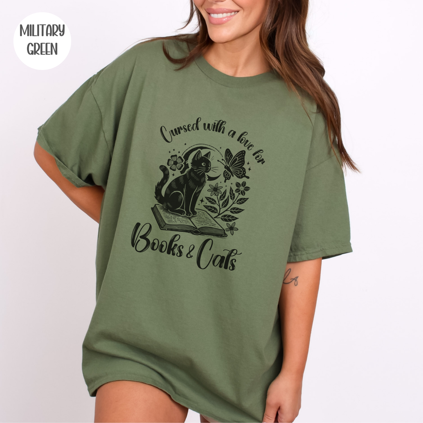 Cursed with a Love for Books & Cats T-Shirt-Stripeypeach