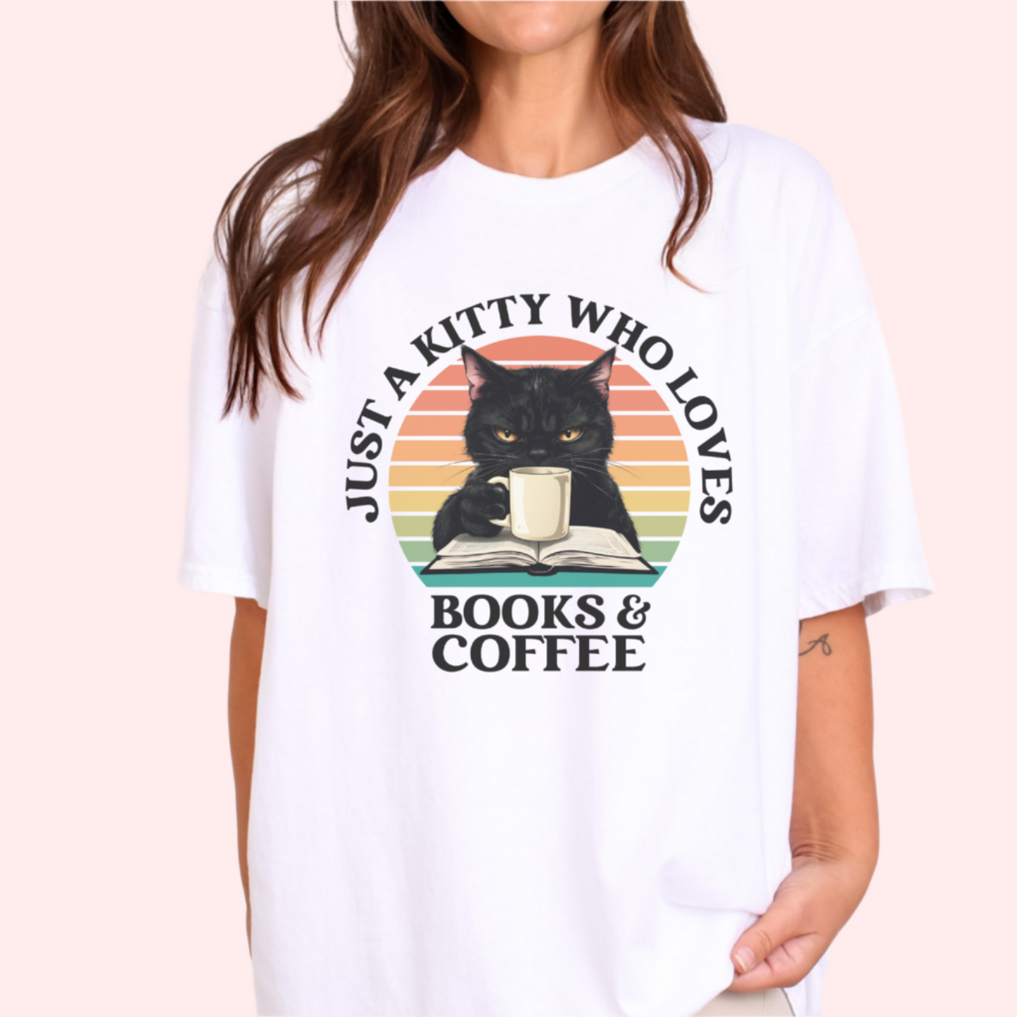 Just a Kitty who Loves Books & Coffee T-Shirt-Stripeypeach
