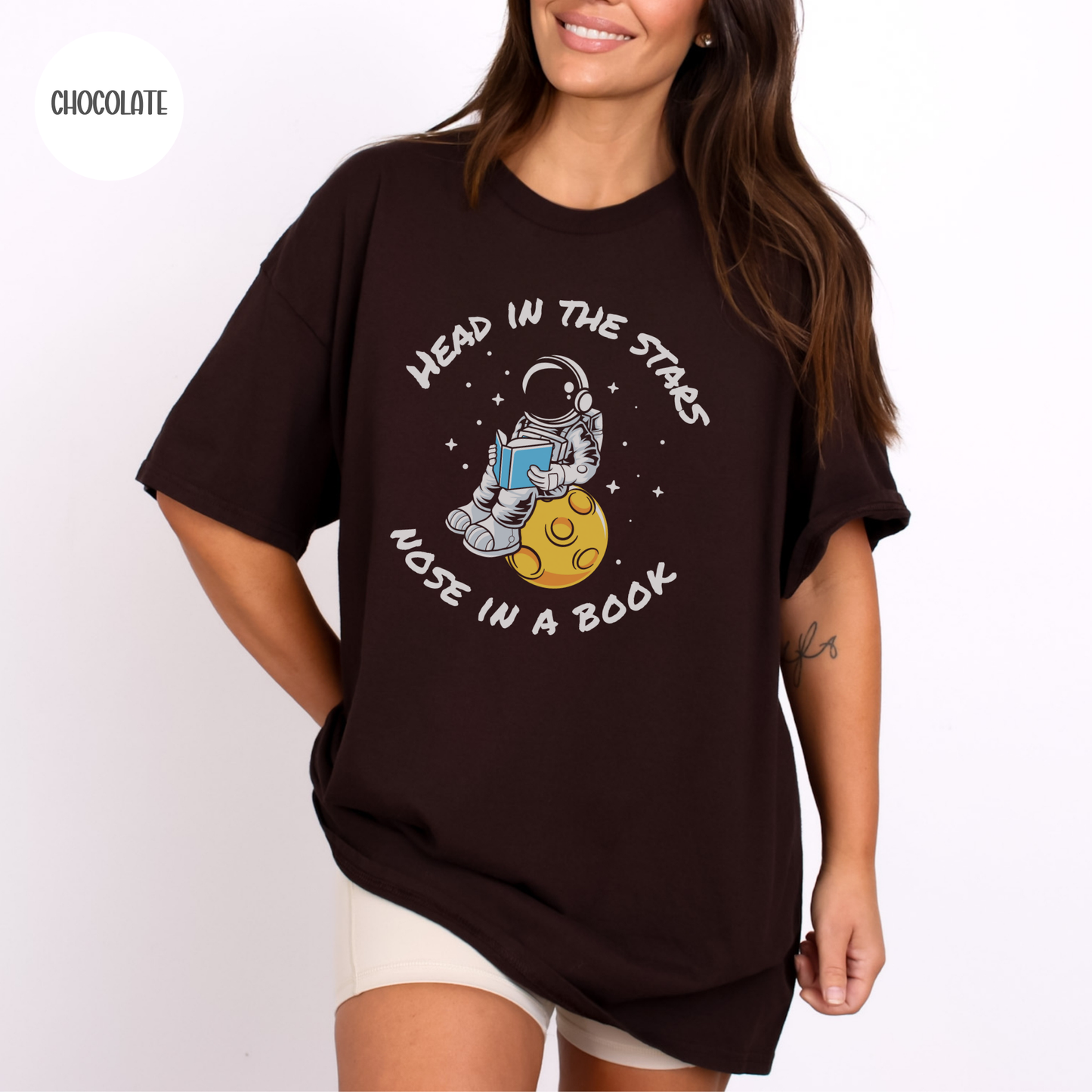 Head in the Stars Astronaut Book T-Shirt-Stripeypeach