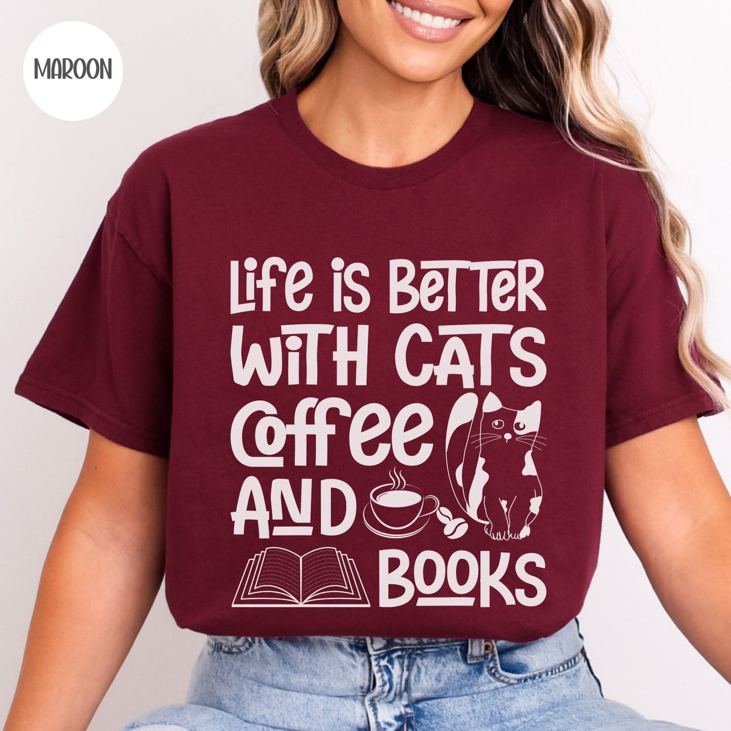 Life is Better with Cats Coffee & Books T-Shirt-Stripeypeach