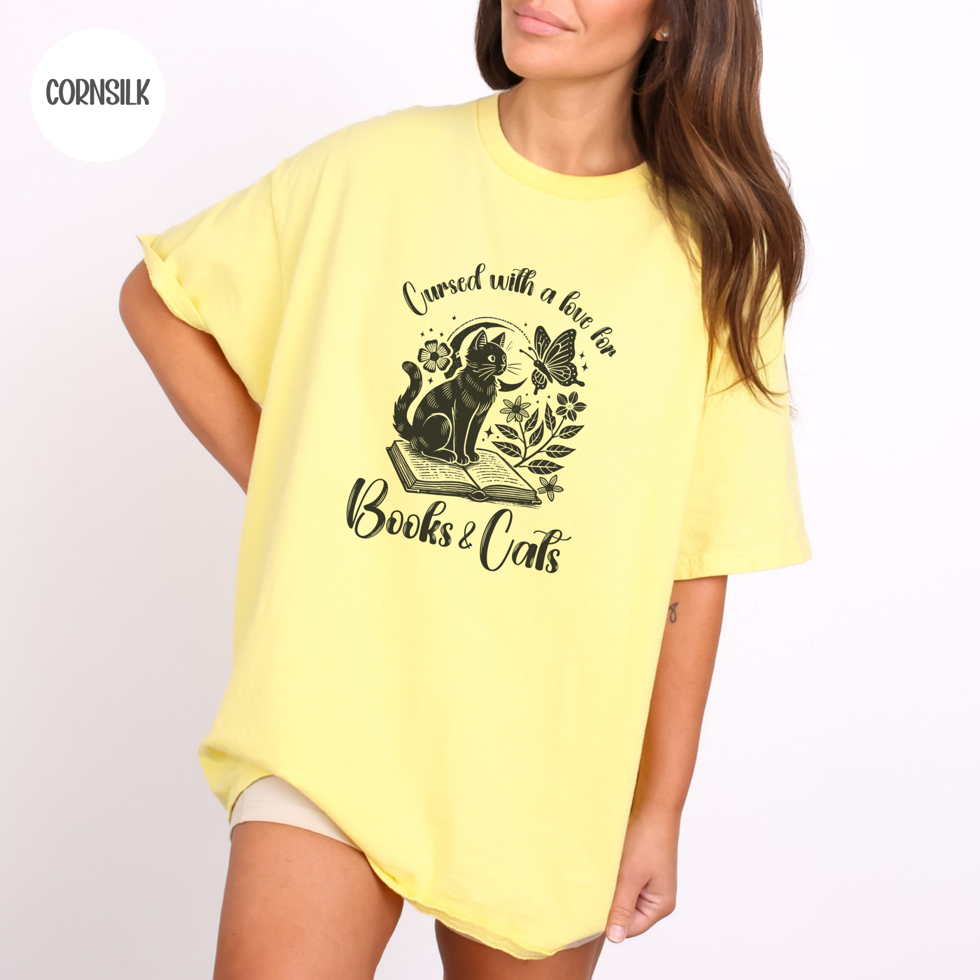 Cursed with a Love for Books & Cats T-Shirt-Stripeypeach