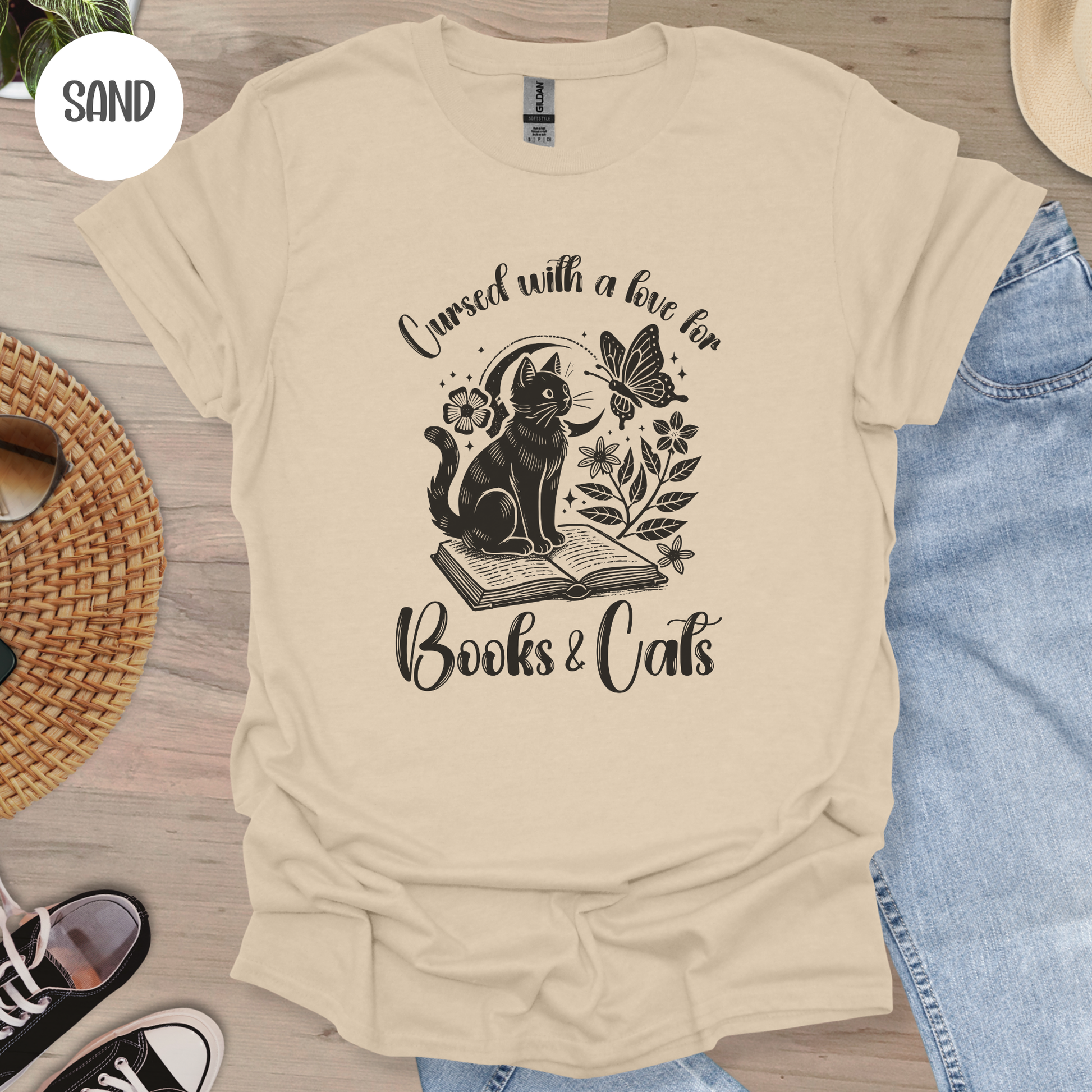 Cursed with a Love for Books & Cats T-Shirt-Stripeypeach