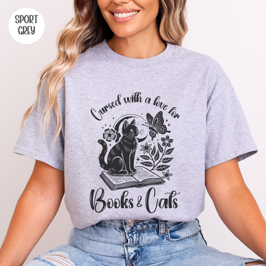Cursed with a Love for Books & Cats T-Shirt-Stripeypeach