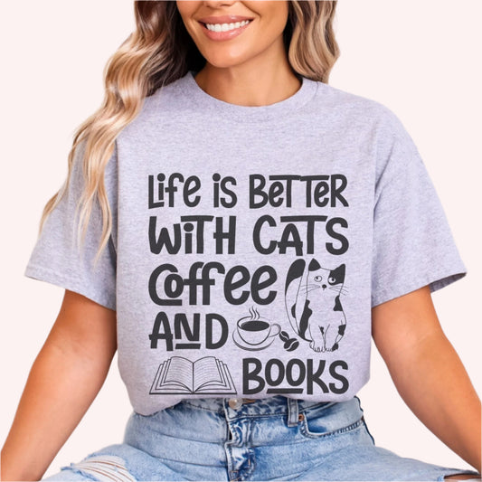 Life is Better with Cats Coffee & Books T-Shirt-Stripeypeach