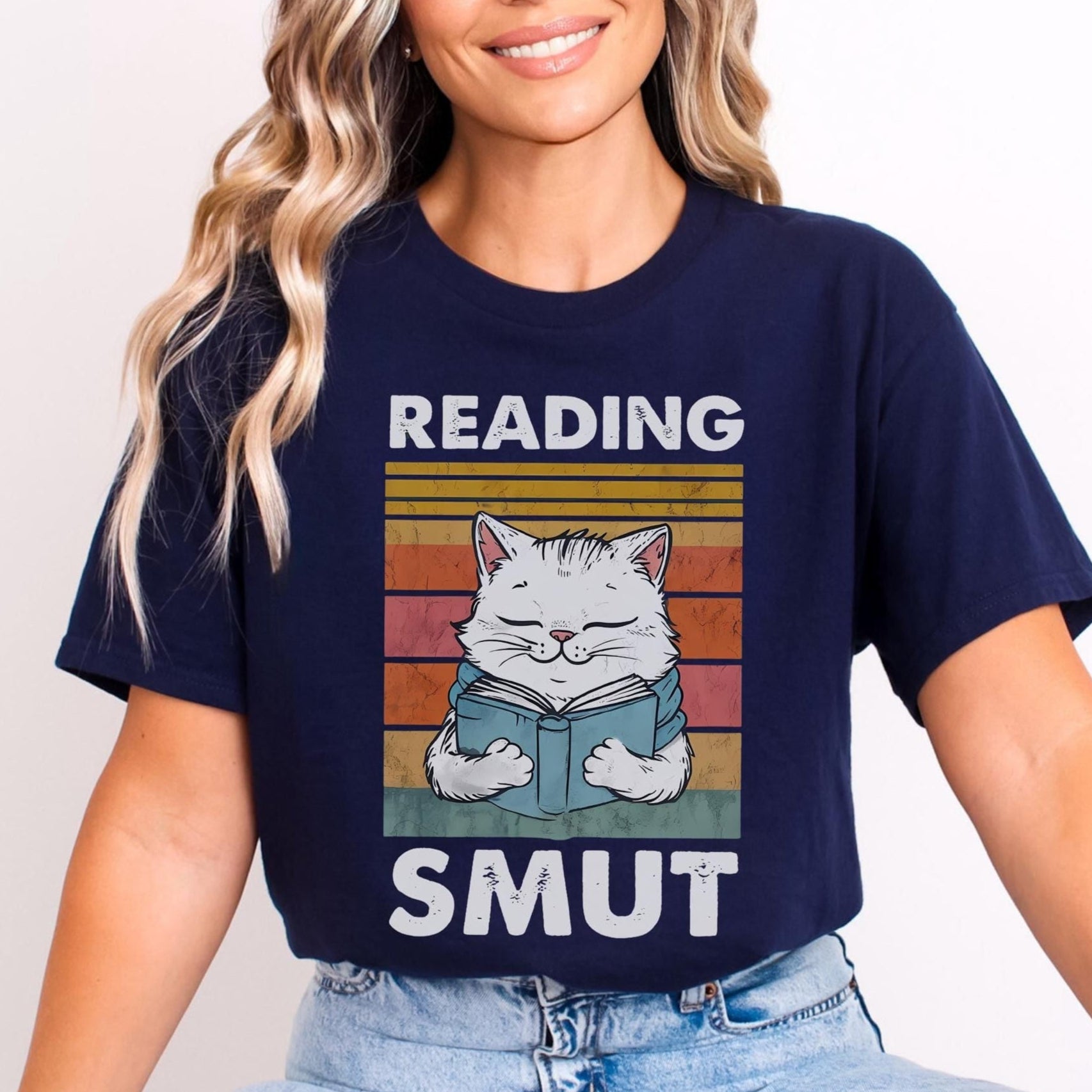 Reading Smut Cat T-Shirt-Stripeypeach