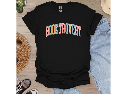 Booktrovert Tshirt - minimal typography design in collegiate colorful pastel font